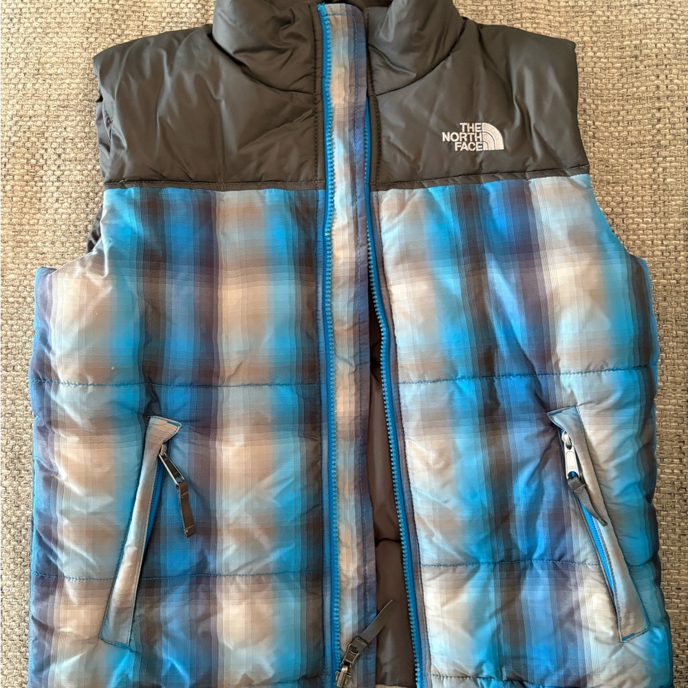 The North Face Kids' Blue and Gray Plaid puffer down Vest